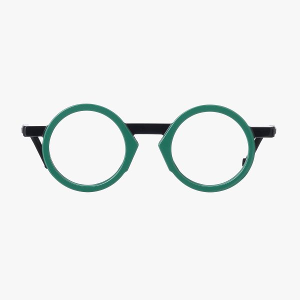 Front view of the WL0095 in Green and Black with Clear lenses is a round-shaped sunglass frame from the VAVA WHITE LABEL. Handmade in Italy.