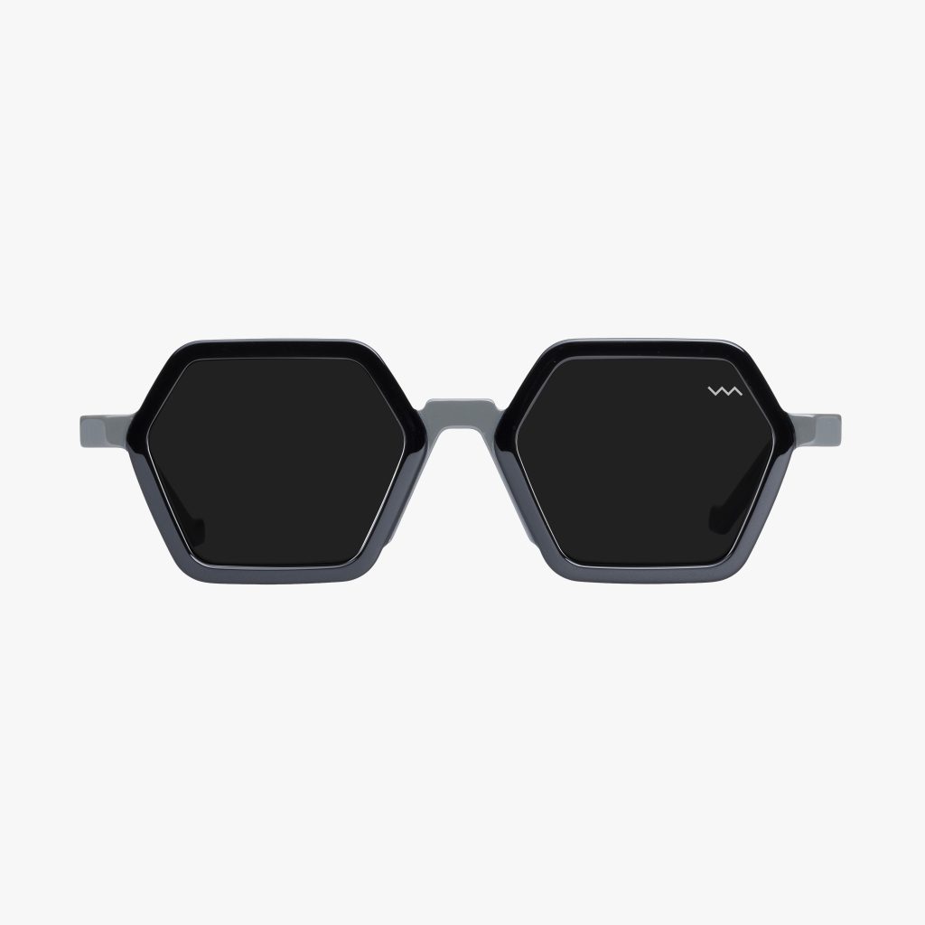 Front view of the WL0120 in Black and Grey with Barberini Mineral Crystal lenses is a hexagonal-shaped sunglass frame from the VAVA WHITE LABEL. Handmade in Italy.