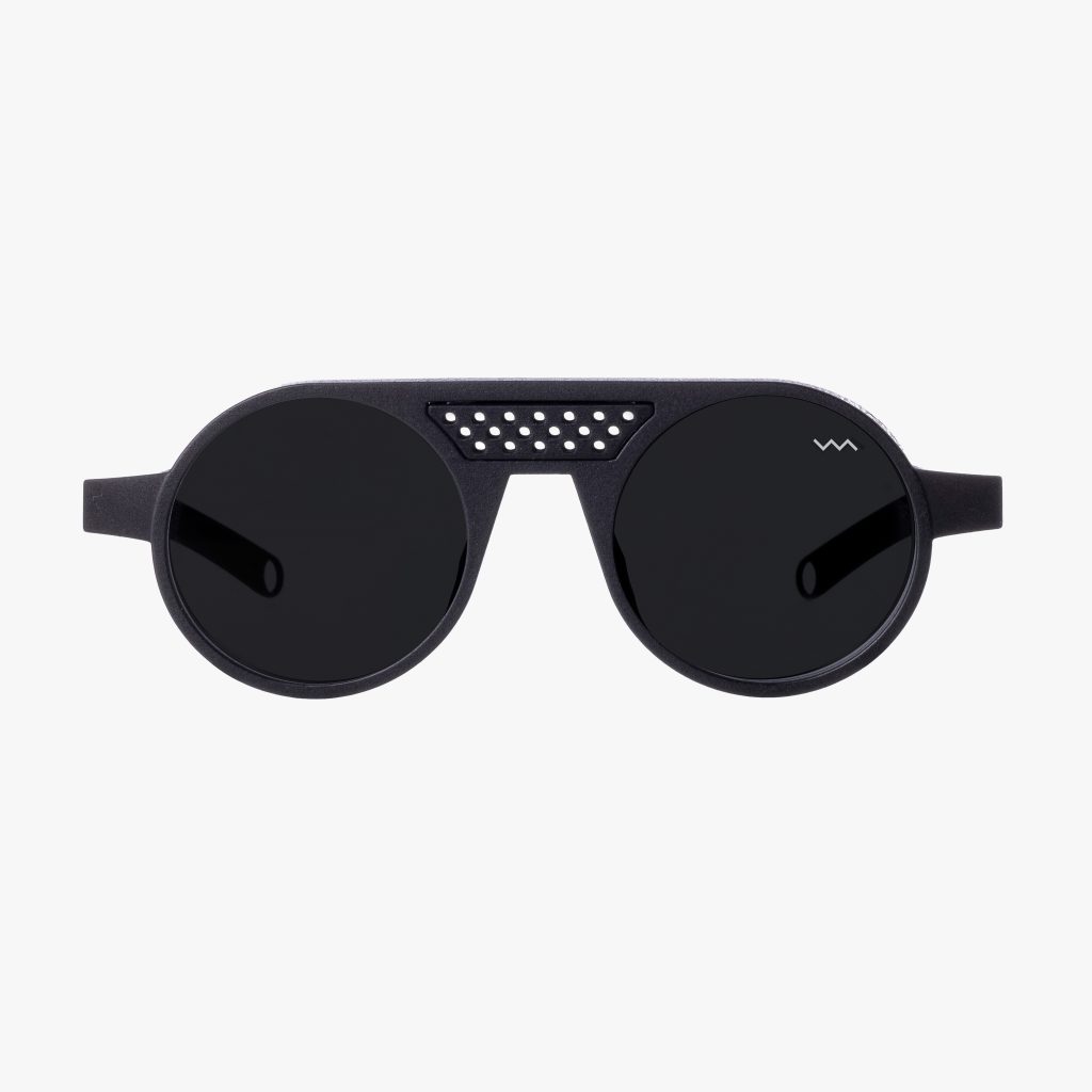 Front view of the RL0001 in Black Matte with Barberini Mineral Crystal lenses is a round-shaped sunglass frame from the VAVA RED LABEL. Handmade in Germany.