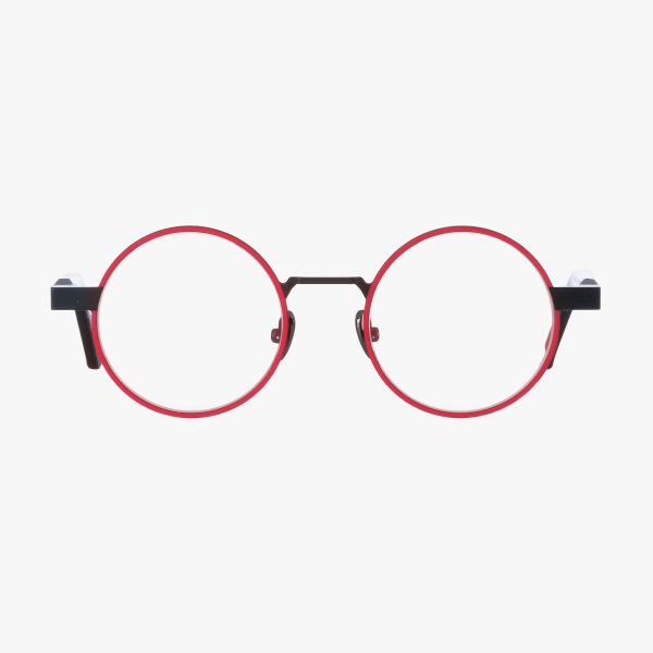 Front view of the WL0090 in Red with clear lenses is a round-shaped optical frame from the VAVA WHITE LABEL. Handmade in Italy.