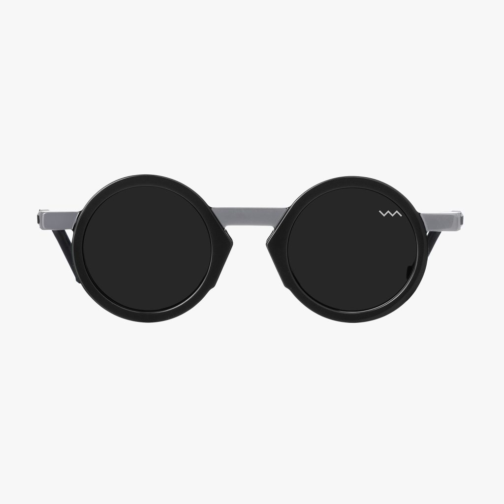 Front view of the WL0101 in Black and Grey with Barberini Mineral Crystal lenses, a round-shaped sunglass frame from the VAVA WHITE LABEL. Handmade in Italy.