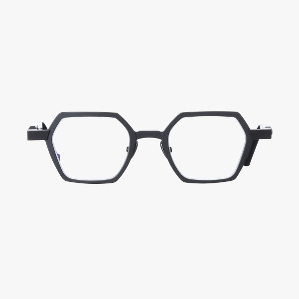 Front view of the WL0109 in Black with clear lenses is a hexagonal-shaped optical frame from the VAVA WHITE LABEL. Handmade in Italy.
