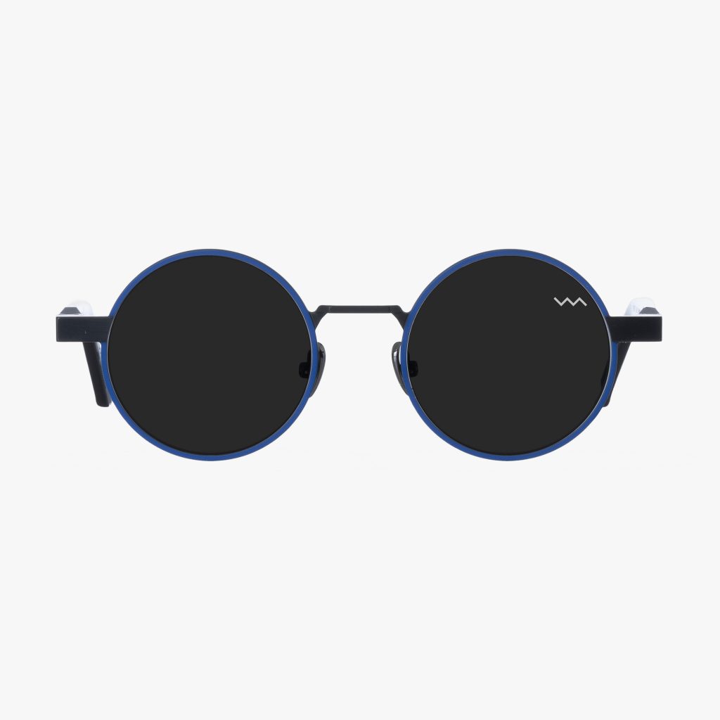 Front view of the WL0111 in Blue with Barberini Mineral Crystal lenses is a round-shaped sunglass frame from the VAVA WHITE LABEL. Handmade in Italy.